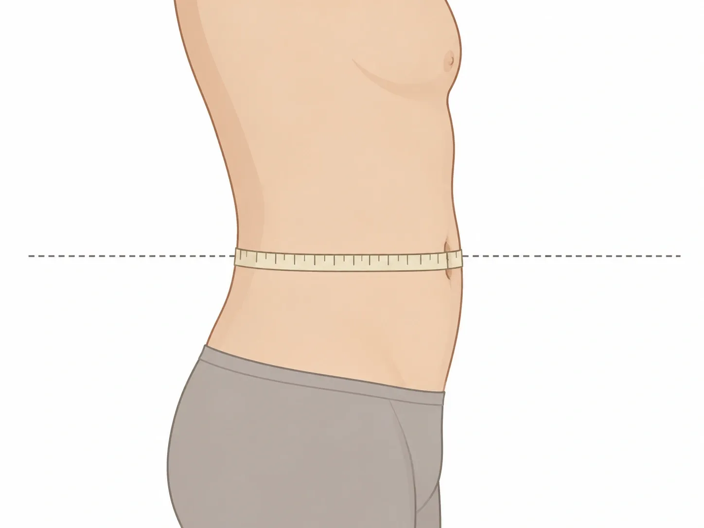 Cloth tape measure wrapped horizontally at the navel for the Army body fat abdomen measurement