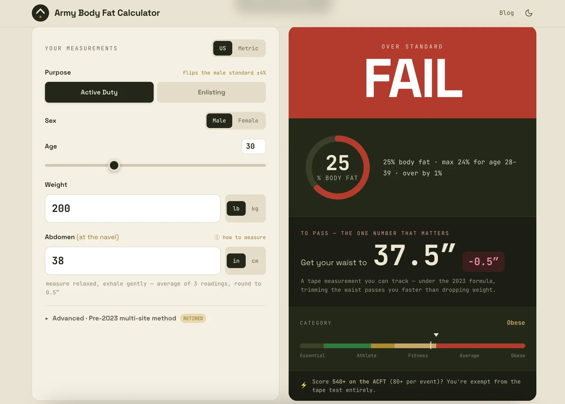 Army Body Fat Calculator result: a FAIL verdict at 25% body fat, with the target waist of 37.5 inches needed to pass
